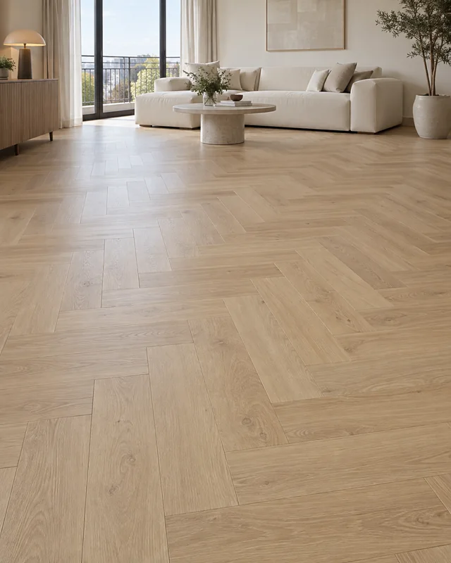 Jasne panele laminowane ułożone w jodełkę — przykładowy kierunek
